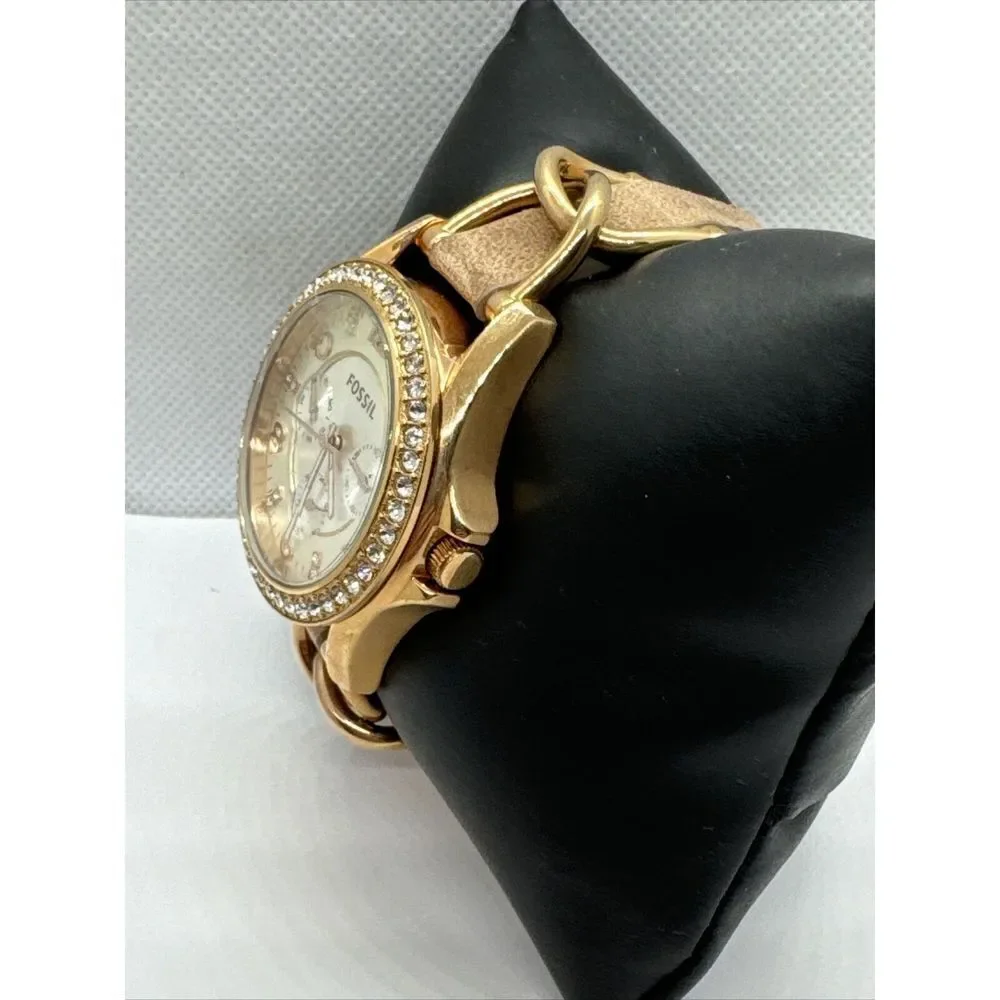 Fossil Riley ES3466 Women's Rose Gold-Tone Sand Leather Analog Dial Watch JNA310